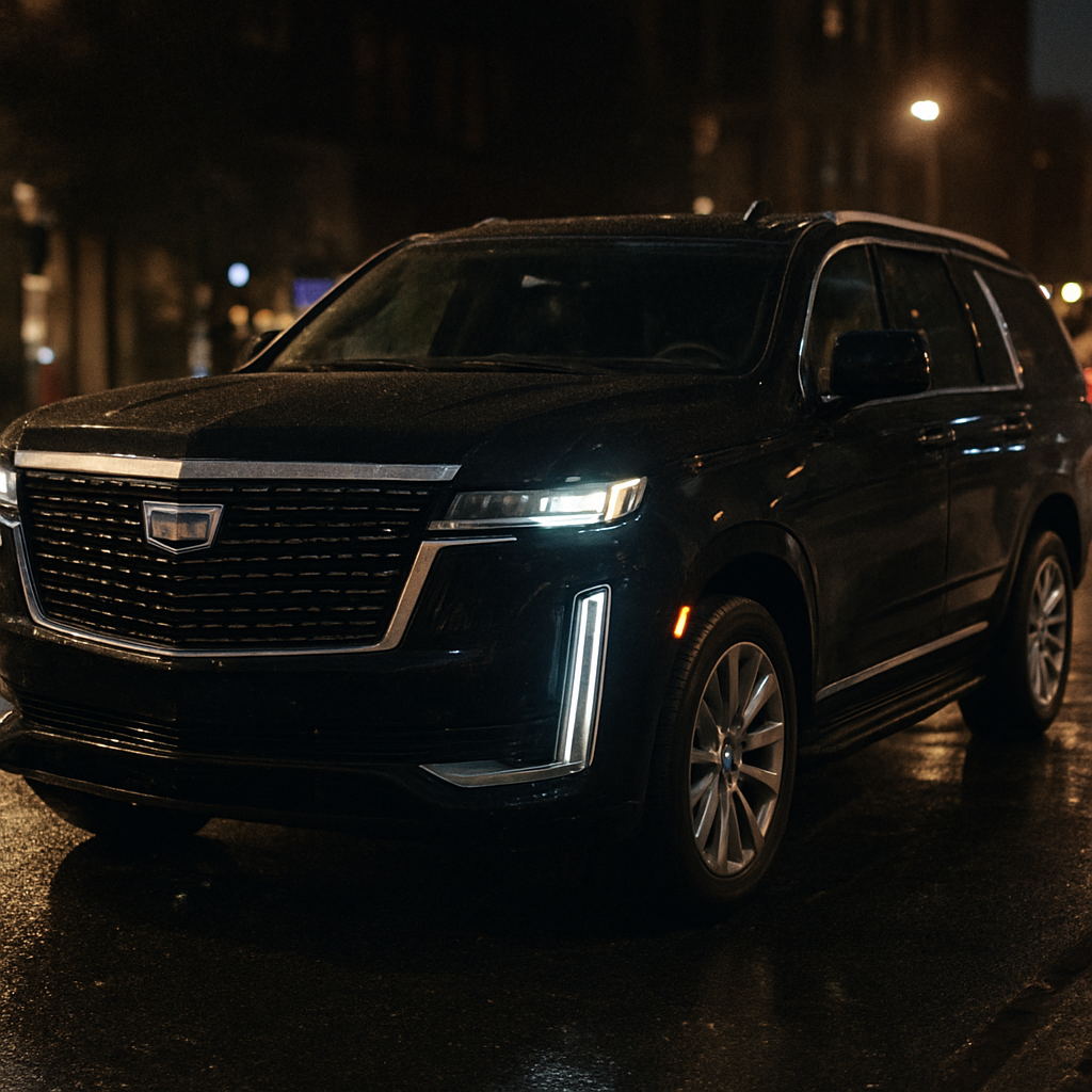 Black Cadillac Escalade on a wet Atlanta street at night